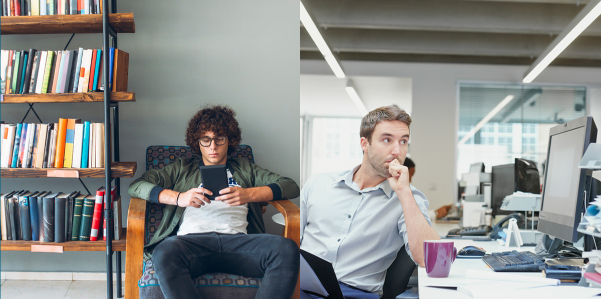 Two photos showing a person in a college setting, and another person in a corporate setting